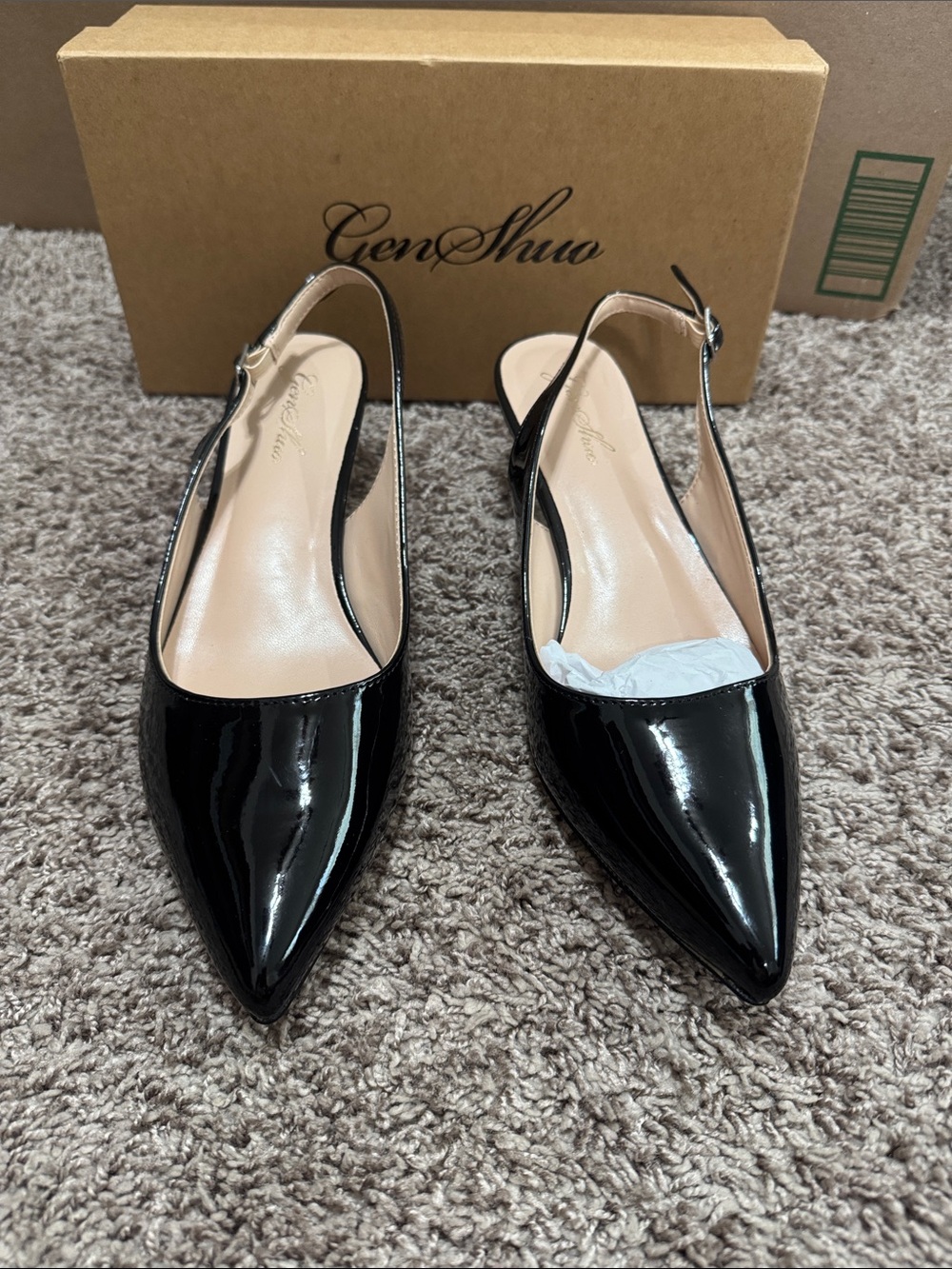 Genshuo Black Patent Pointed Slingback Flats